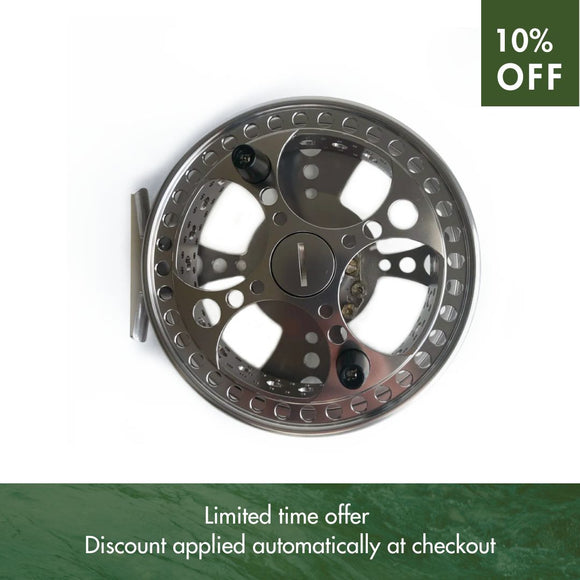 A Raven Matrix Fully Ported Reel on a white background, a 10% off promotion is highlighted and the discount will be applied automatically at checkout